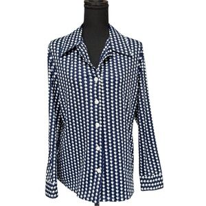 Vintage 1970s Navy & White Disco Dagger Collar Blouse Circles Print Button Front